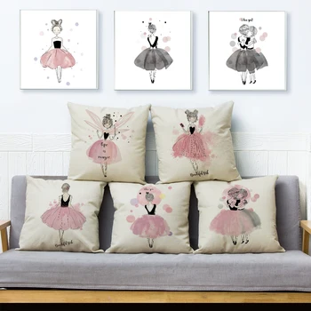 

Nordic Style Pink Ballet Girl Cushion Cover Decor Cartoon Simple Queen Pillow Case for Sofa Super Soft Short Plush Pillowcase
