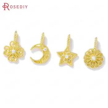 

(38706)4PCS 10x15MM 24K Gold Color Brass and Zircon Round Flower Charms Pendants Jewelry Making Supplies Diy Accessories