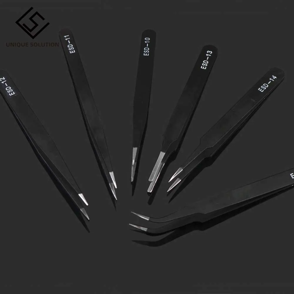 6Pcs Anti-static ESD Stainless Steel Tweezers Maintenance Tools Industrial Precision Curved Straight Tweezers Repair Tools 2019 2