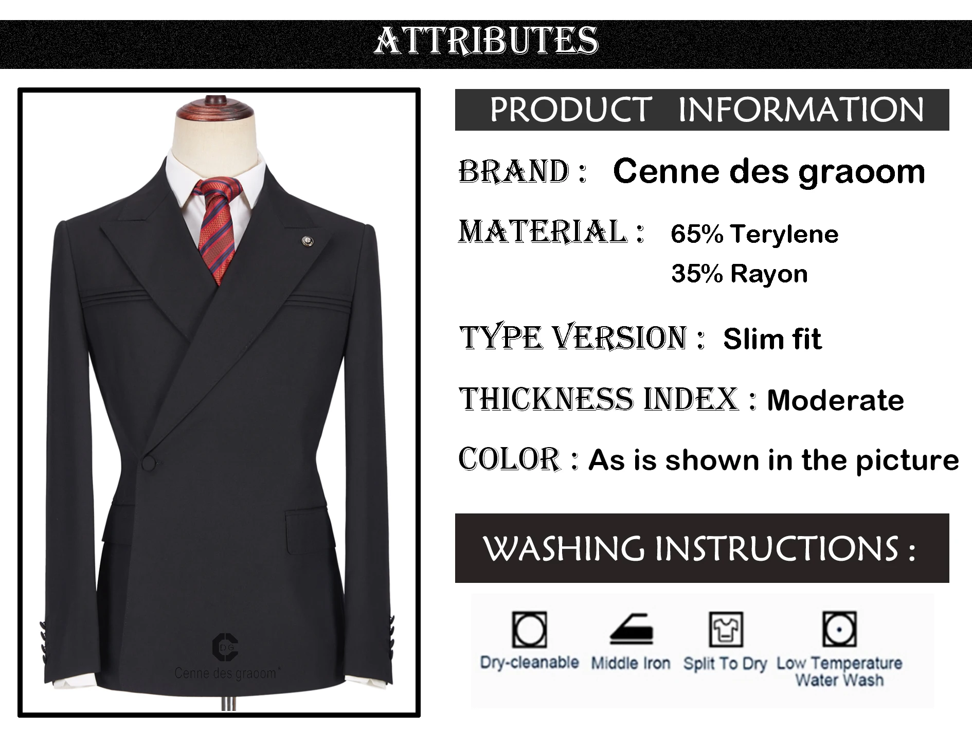 Description Picture 2 of itemCenne Des Graoom Men's Suits One Button Double Breasted Tailor-Made Blazers Pants Business Causal Party Singer Groom Wedding A12