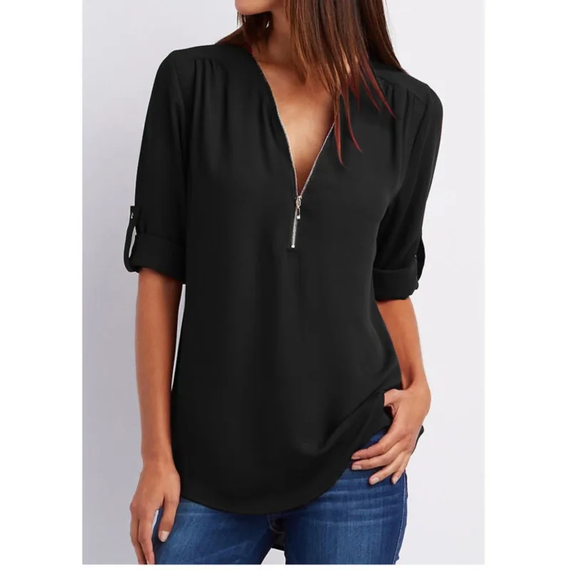 

Ladies shirt summer autumn casual V-neck chiffon shirt Ladies blouse long-sleeved black white Ladies shirt with zipper V-neck