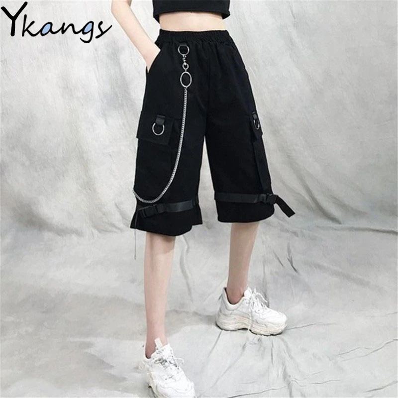 Pantalones cortos harén con cadena para mujer, ropa urbana Harajuku, color negro sólido, estilo gótico, Hip Hop, cortos| - AliExpress