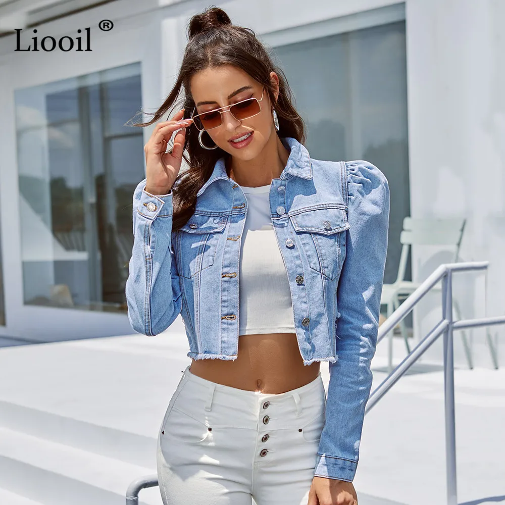 Blue Cropped Denim Jackets Women 2021 Puff Sleeve With Button Pockets Vintage Coat Autumn Winter Streetwear Ripped Jean Outwear