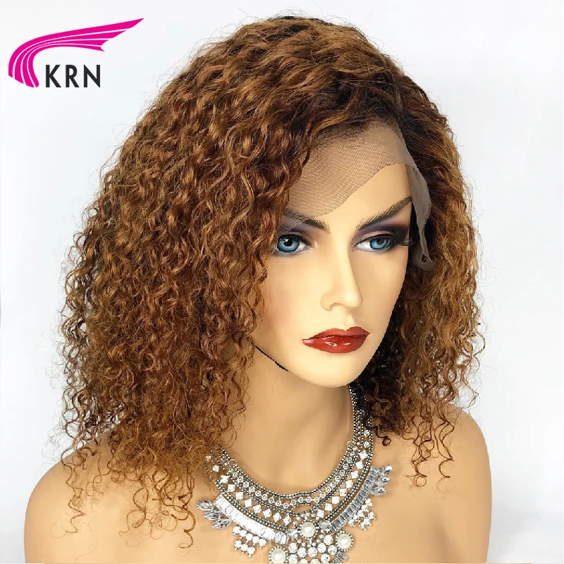 KRN curly 13x6 Lace Front Middle Ratio 8”-16” Remy Human Hair Wigs ombre color 180 density free par