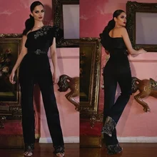 Элегантные черные платья для выпускного вечера на одно плечо с рюшами и аппликацией женские комбинезоны длиной до пола с блестками Формальное вечернее платье