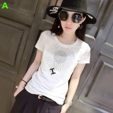 

2021 Spring New Diamond Crewneck White Half Sleeve T-shirt Solid Color Short Sleeve Jacket Women