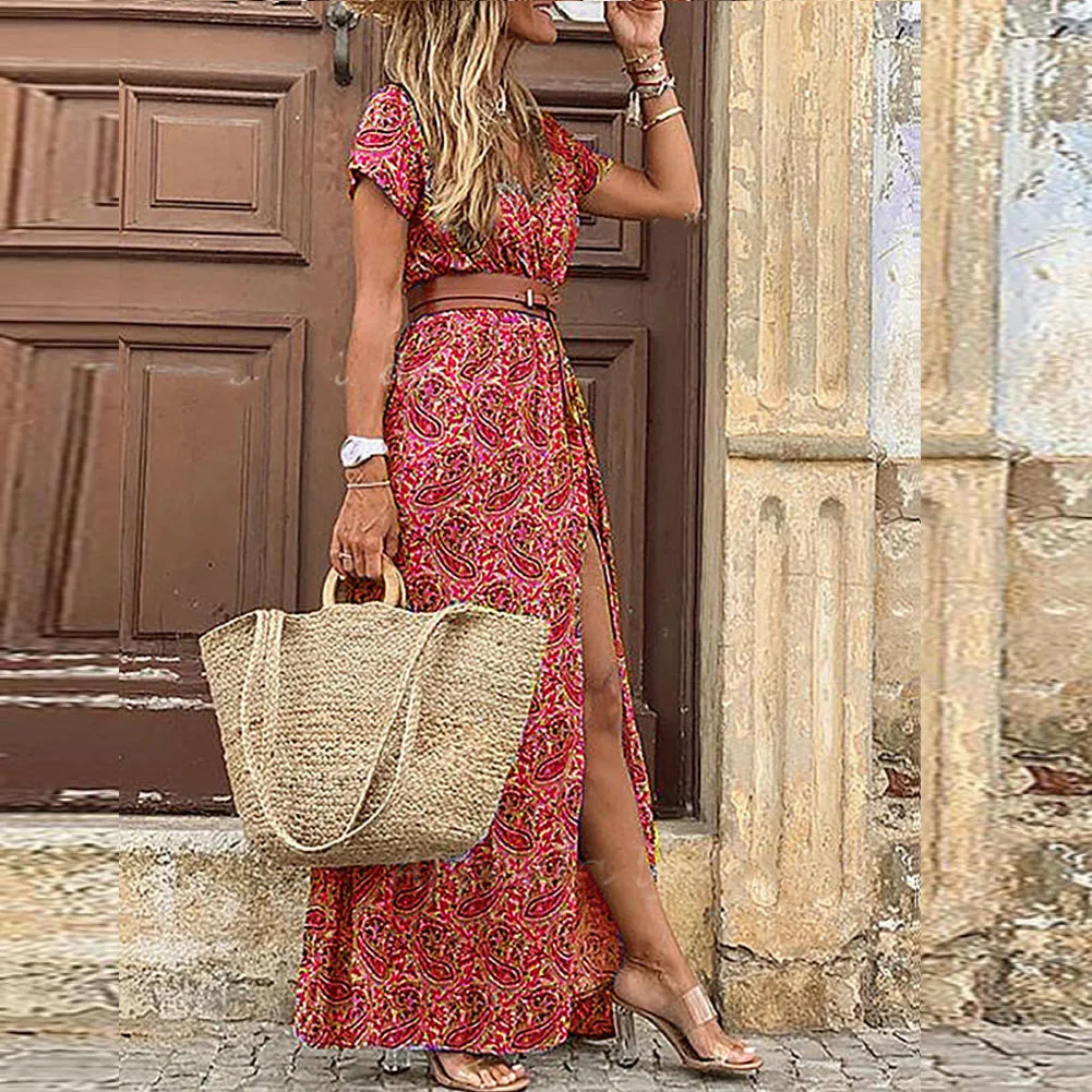 2021 Summer V-neck Short Sleeve Boho Maxi Dress Women Retro Floral Print High Waist Beach Ladies Chiffon Long Dresses with Belt