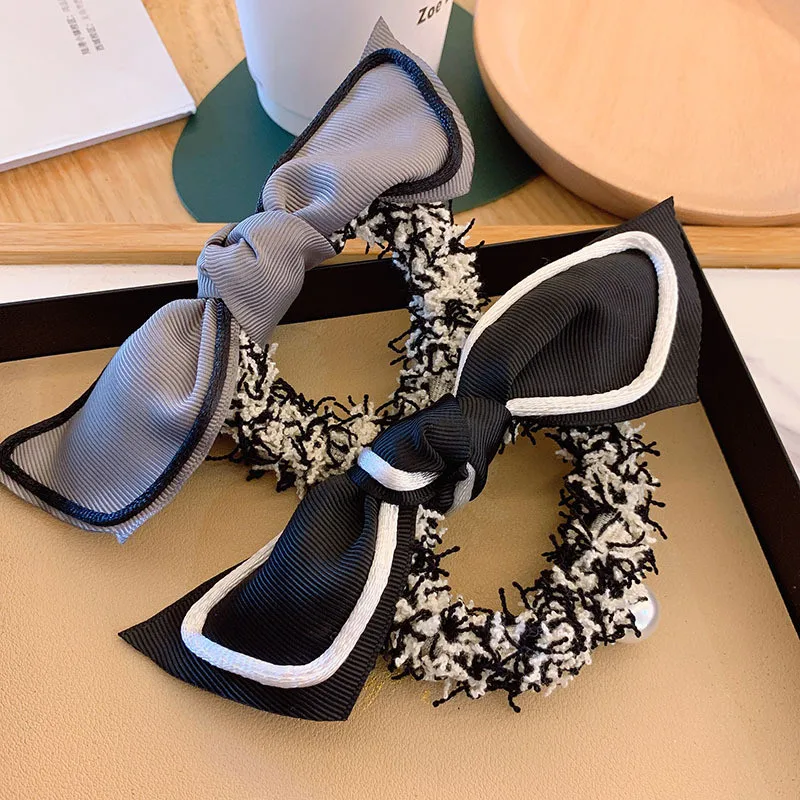 

Adult Women Elastic Hair Bands Korean Handmade Wool Bow Knot Pearl Head Wear Accessories Fall Winter-ED-W13