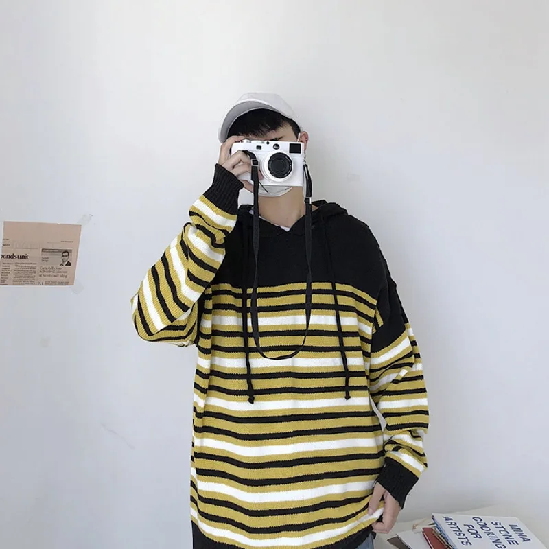 Winter Hooded Sweater Men Warm Fashion Contrast Color Casual Knit Sweaters Man Pullover Men Long Sleeve Striped Sweter Clothes