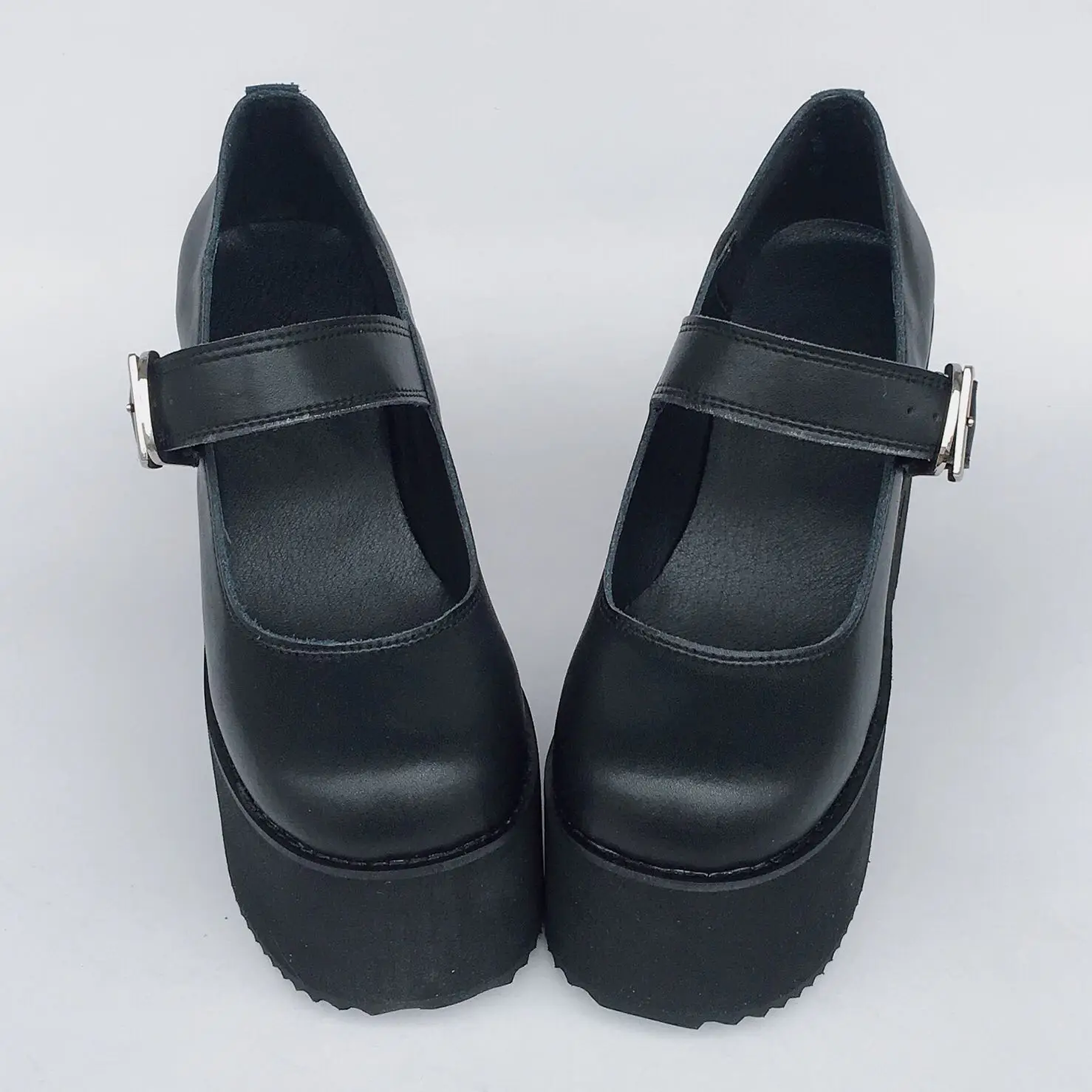 10cm Black Genuine Leather High Heel Platform Wedge Shoes Buckle Strap Pumps for Women
