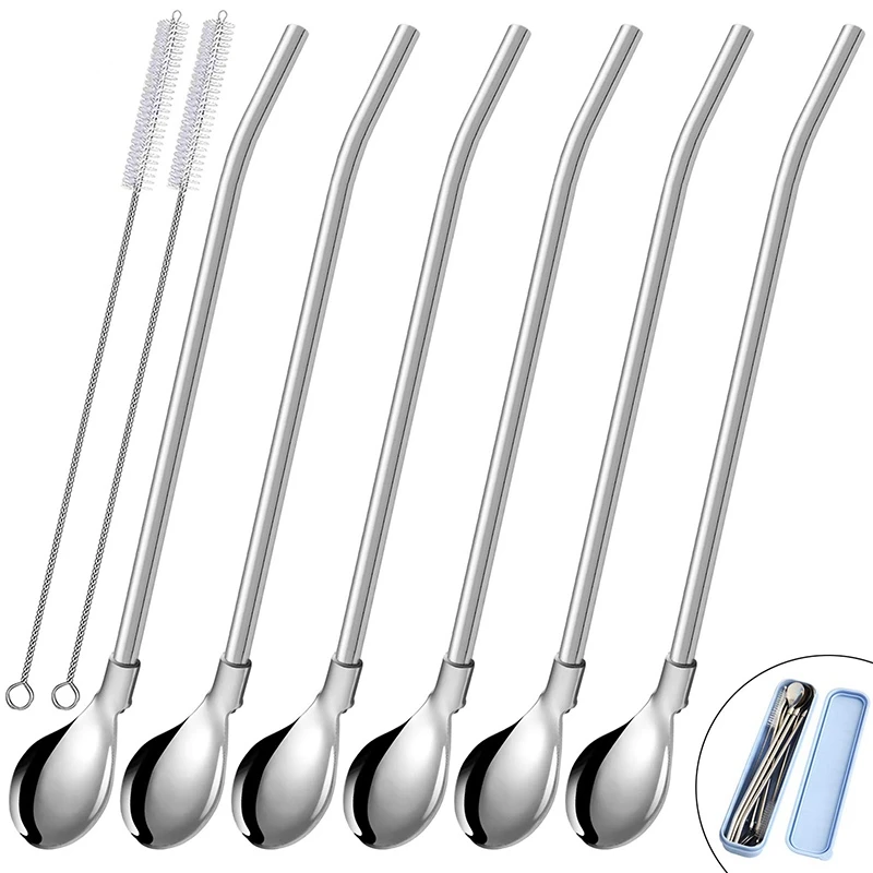 Reusable Spoon Drink Straws Value Pack 6Pcs with 2 Clean Brush- Metal Drinking Straw Spoon 7.5 Inch Long for 20Oz Tumblers Cups