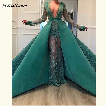

Dubai Arabic Overskirts Evening Dresses Deep V Neck Major Beading Illusion Full Sleeves Prom Dress See Through robe de soiree