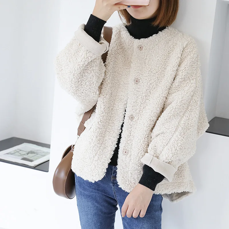 

940006 Autumn And Winter New Style Versatile Slimming Korean-style Crew Neck Lambs Wool Coat Women's Loose-Fit Thick Warm Bomber
