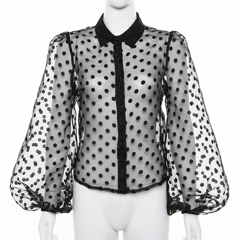 2019 Summer New Women Sexy Standing Collar See Through Mesh Dot Print Party Club Short Lantern Sleeve Black T-Shirt T1734216 | Женская