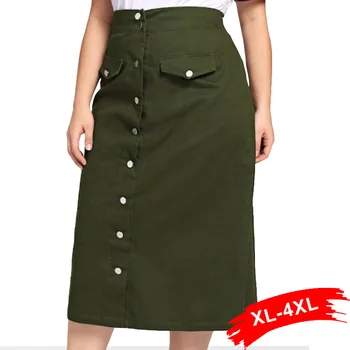 

Plus Size Front Button Up Midi Long Skirts 4Xl 3Xl Autumn Army Green Casual Loose A Line Skirts With Two Pockets