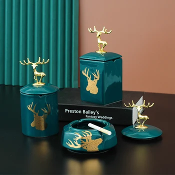 

Nordic Elk Ceramic Windproof Ashtray Holder with Lid Office Living Room Cigars Ash Tray Cigarette Accessories Home Decoration