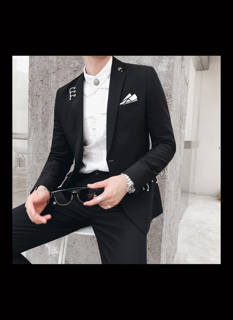 Роскошный мужской костюм, классический черный комплект из 2 предметов, стильный свадебный костюм для жениха, приталенный смокинг, костюм для выпускного(пиджак+ брюки