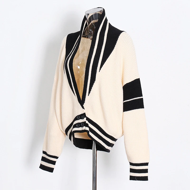 ECRURANI Patchwork Casual Coat For Women V Neck Lantern Long Sleeve Hit Color Button Coats Female 2022 Spring Clothing New Style