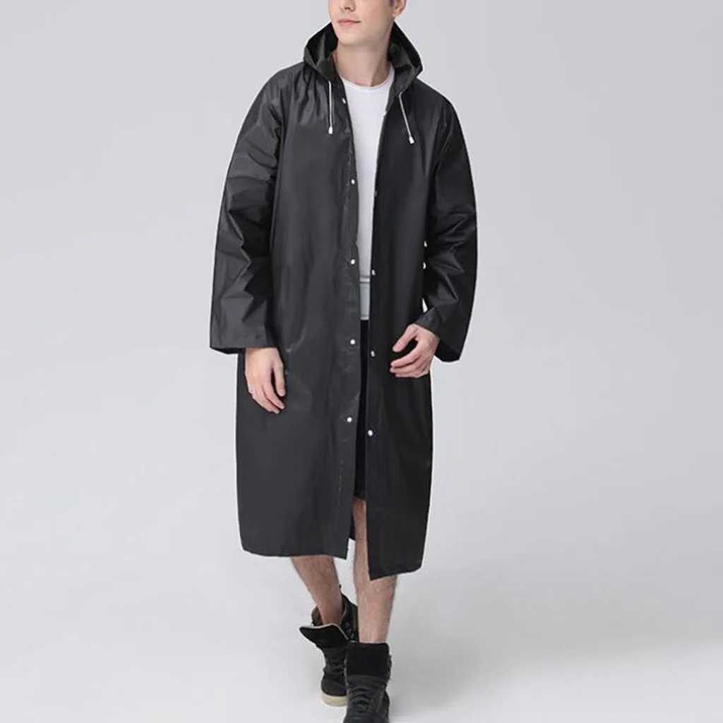 Women Men Fashion Solid Black Rain Poncho Long-Sleeved Hooded Raincoat Waterproof Packable Rain Jacket with Drawstrings