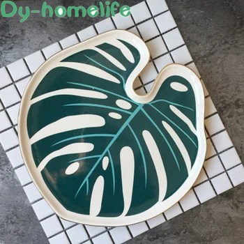 

26*28cm American Ins Tropical Plant Monstera Leaf Bamboo Shape Ceramic Plate Multifunctional Light Luxury Food Jewelry Item Tray