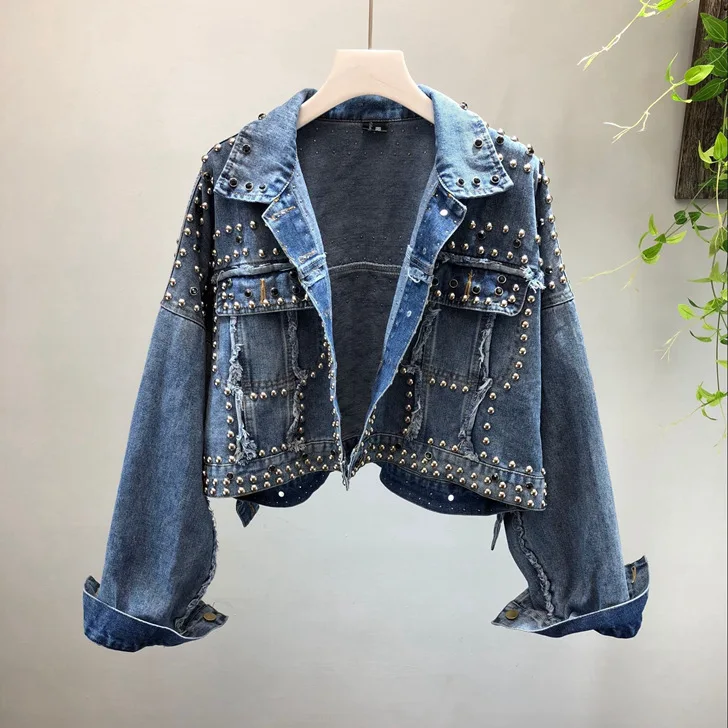 

2019 Autumn Manual Heavy Nail Loose Cowboy Jacket Woman Loose Coat