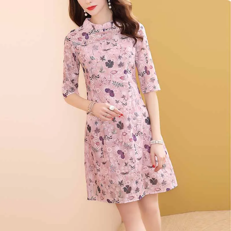 

Pink Floral-Print Embroidered Cheongsam Style Dress Women's Mid-length Spring Clothing 2019 New Style Popular Skirt-