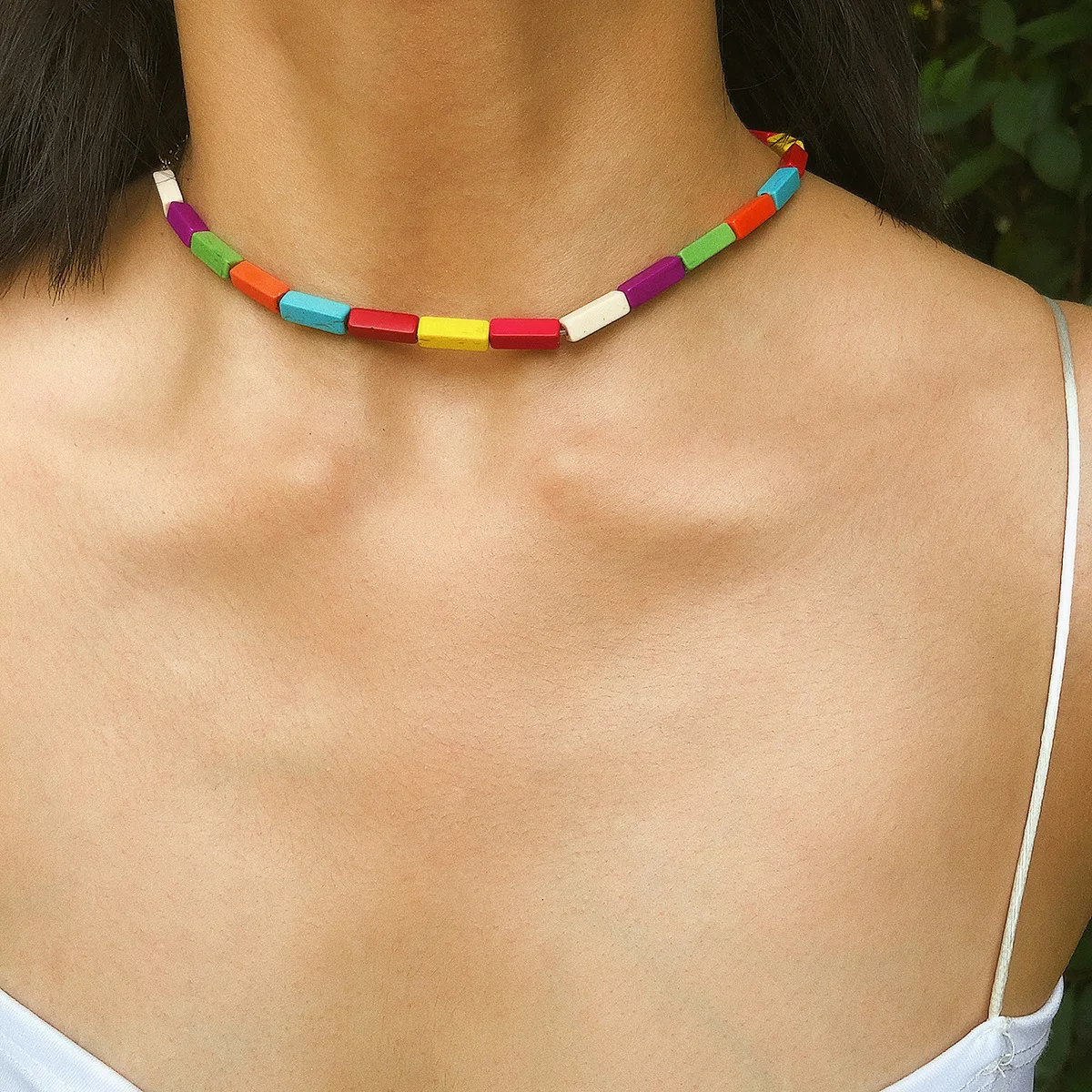 

2019 Colorful Stone Simple Square Colour statement Necklace Personality Colour Strip Geometric Party Necklace Jewelry Accessary