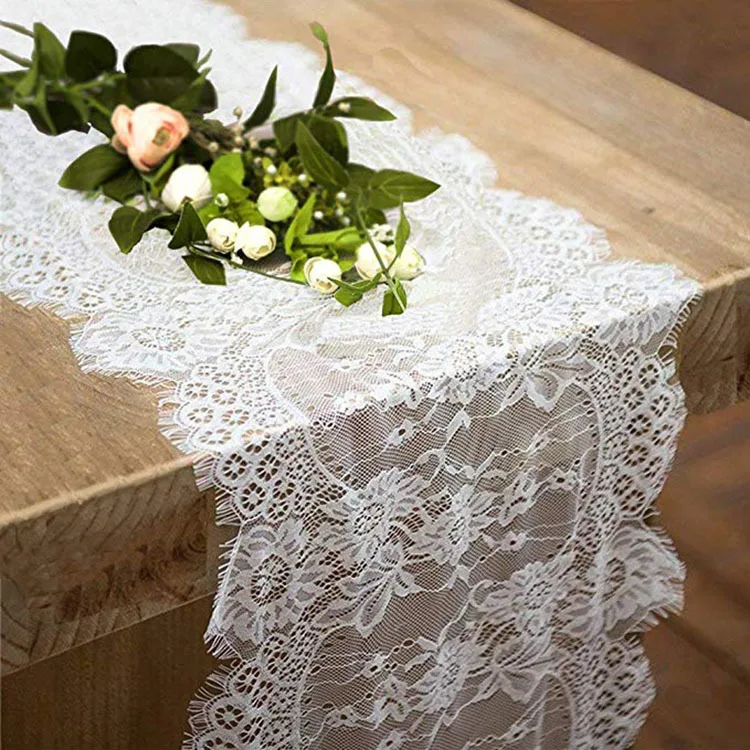 

White Floral Lace Table Runner Black Table Cover Chair Suitable for Baptism Wedding Party Table Decoration