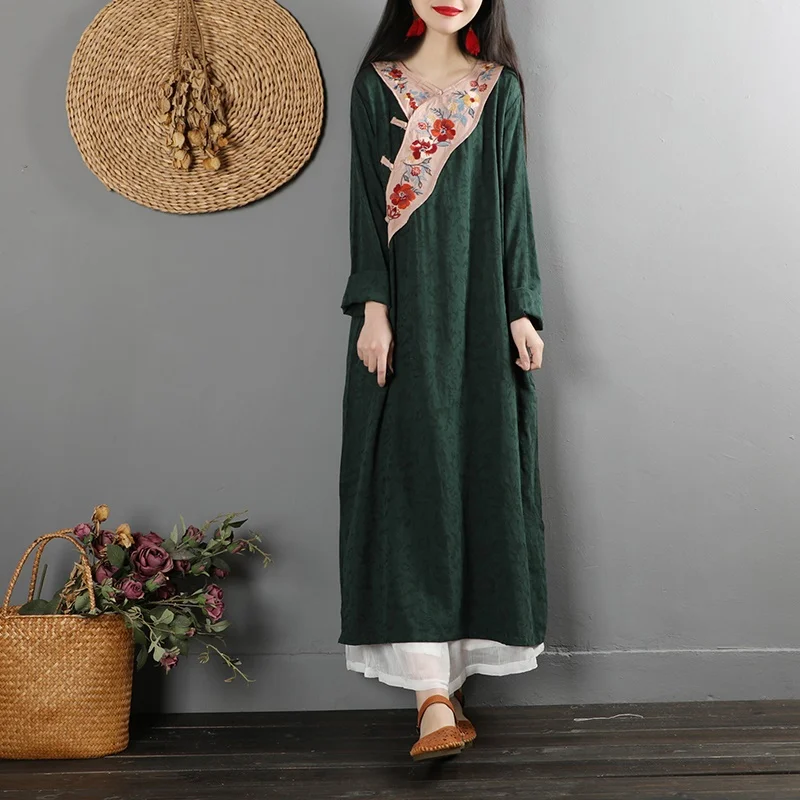 Retro Dress Stand Collar Long Sleeve Loose Casual Robe Vintage Femme Chinese Style Cheongsam Cotton Linen Women Dresses TA2092