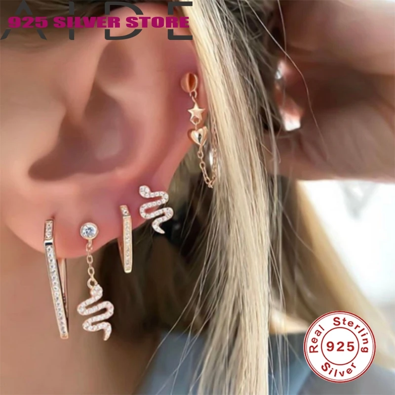 

Aide Stud Earrings 925 Sterling Silver Platinum Gold Colorzircon earrings Chain Snake earrings pendientes mujer moda Bijoux