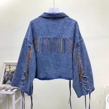 

2019 autumn new Korean fashion color handmade tassel loose denim jacket women short student jean jacket 2053