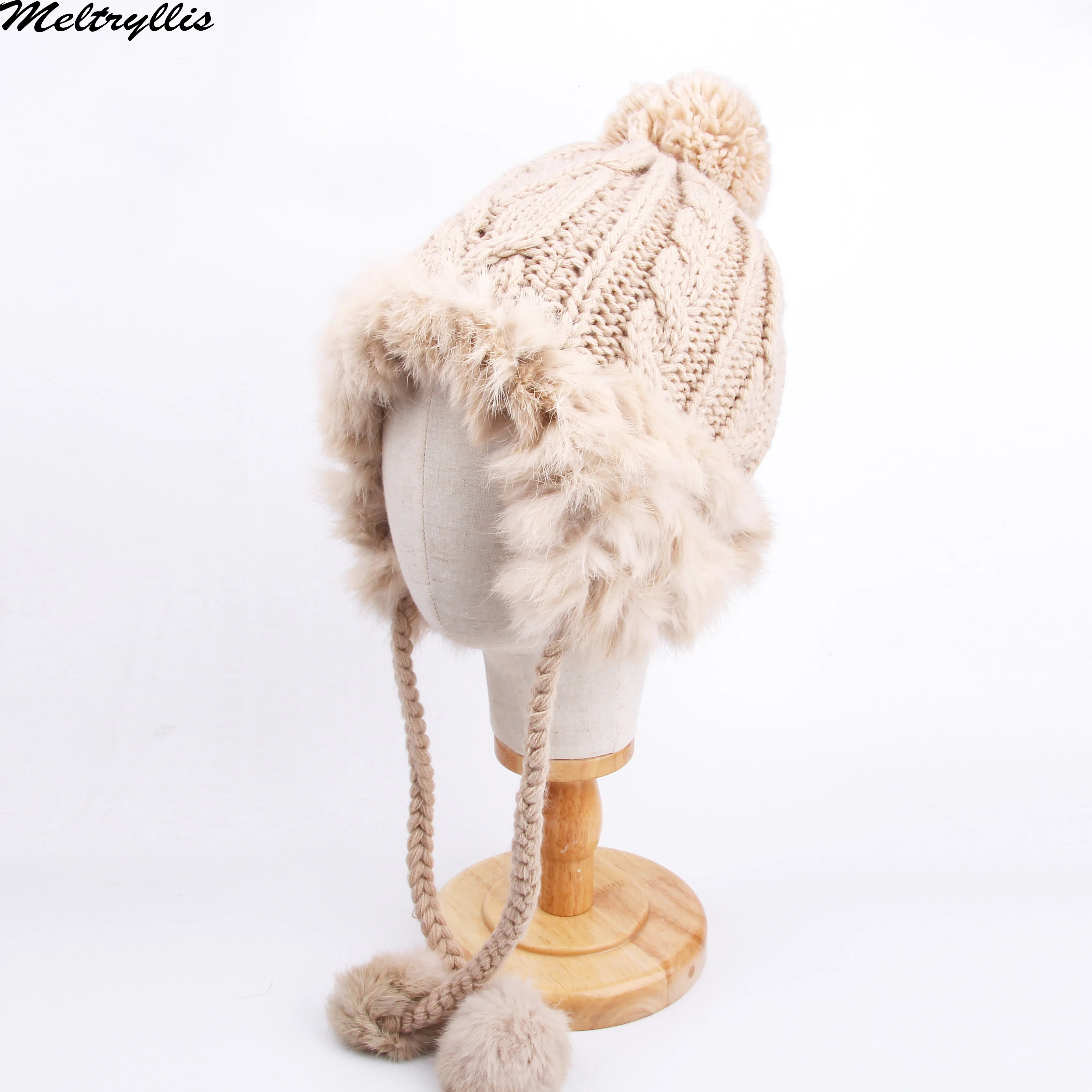 [Meltryllis] Новые утолщенные лыжные зимние шапки для девочек, Меховые помпоны, зимние женские шапки-бини, женские шапки Skullies, теплые женские вязаные шапки с кроличьим мехом