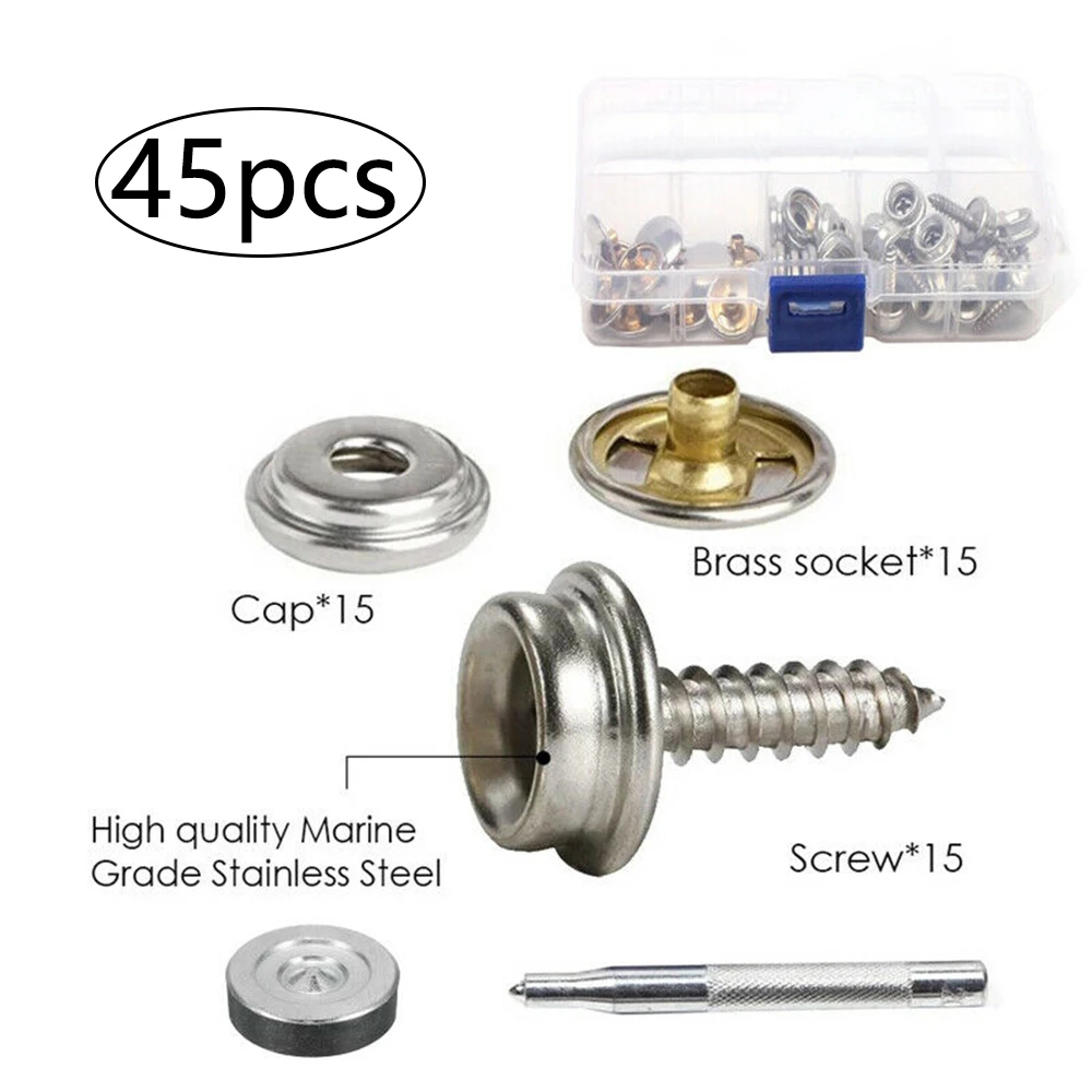 15 Sets Press Studs Kit Heavy Duty Snap Fasteners Stainless Steel Buttons DIY
