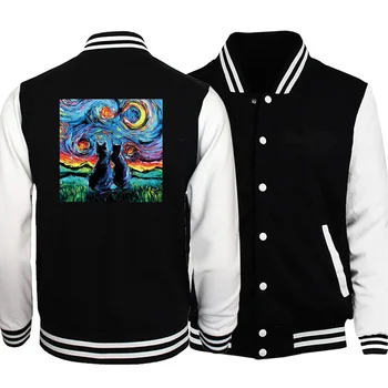 

Van Gogh's Cats Funny Print Baseball Jackets Men 2019 Winter Autumn Casual Hoodies Men Plus Size Warm Hipster Fitness Men Jacket