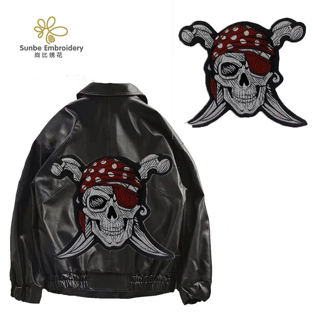 Pirate Skull with Eye Patch White Iron Sew on Hand made Embroidered Patch Applique