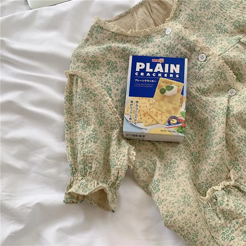 Cotton Night Dress Women Floral Print Sleepwear Lace Nightgown Vintage Nightwear Long Dress Gown Kawaii Single Breasted Shirts