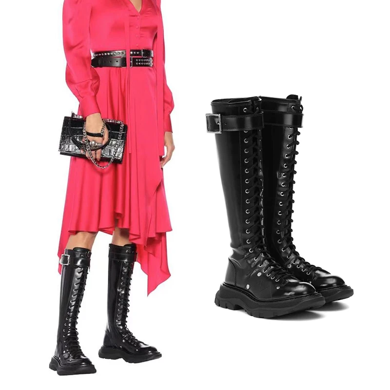 New Rivet Black Genuine Leather Thick bottom Knight Boots Woman Round Toe Lace Up Knee Boots Woman Motorcycle Boots Woman
