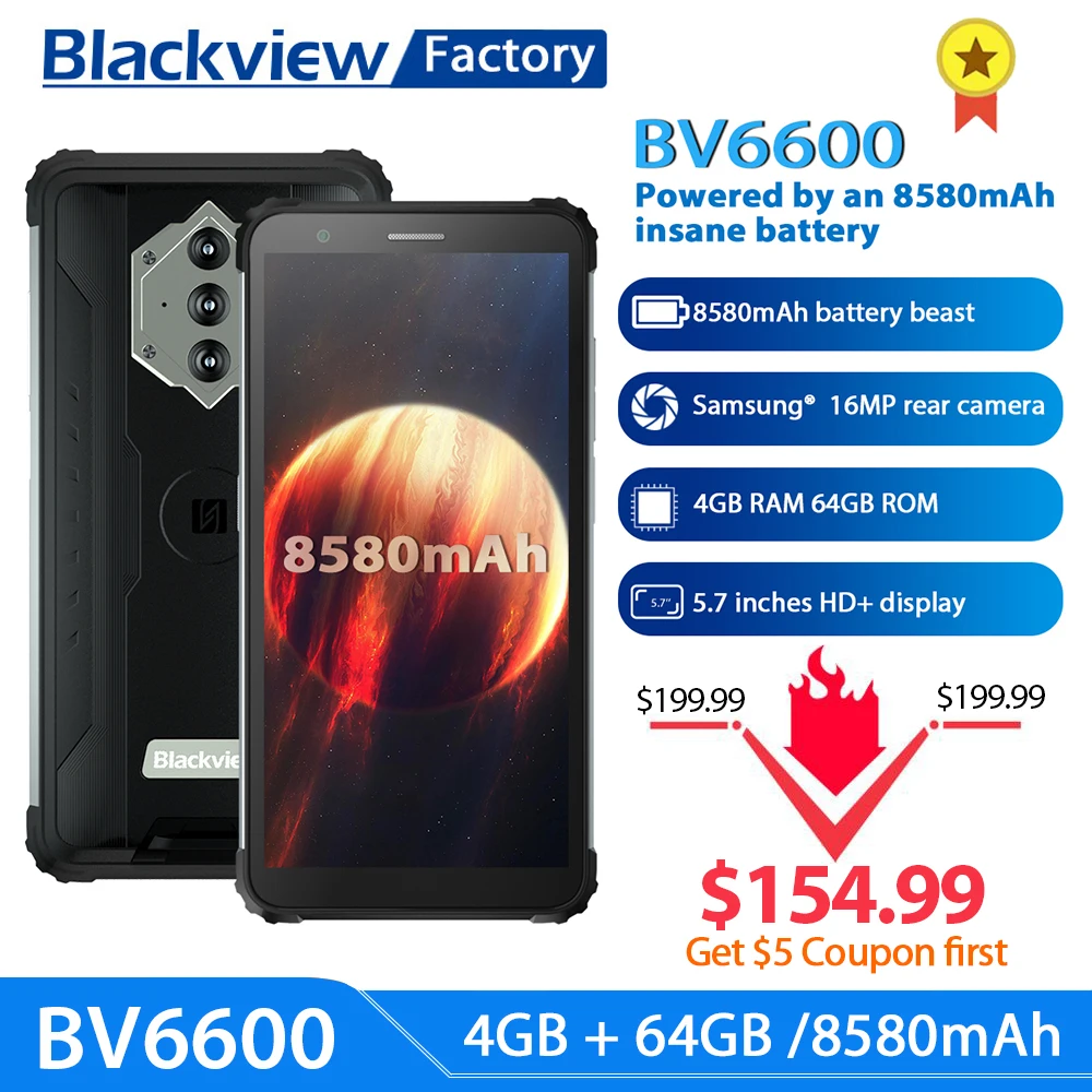 Blackview Helio A25 BV6600 8580mah Battery 64GB 4gbb WCDMA/GSM/LTE NFC Octa Core Side-Mounted