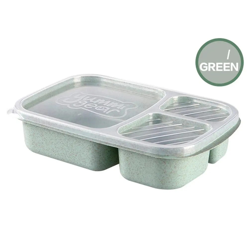 4 цвета Пшеница клубника Bento Box 3 сетки с крышкой микроволновая печь еда коробка контейнер для хранения столовая посуда набор - Цвет: Зеленый