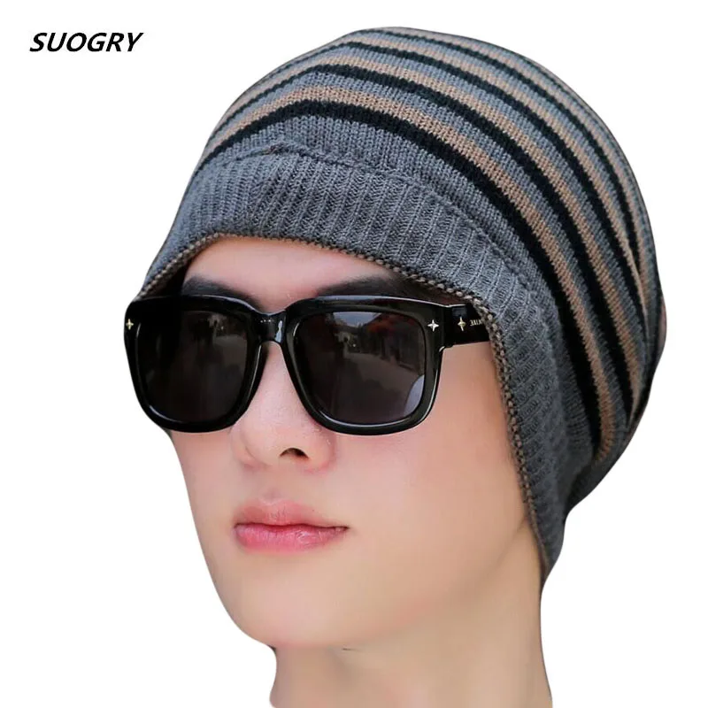 Зимние теплые мужские шляпы с черепом и звездами, полосатые вязаные шапки, шапочка, двусторонняя мешковатая белая шапка мужская Кепка, негабаритная теплая хлопковая шапка