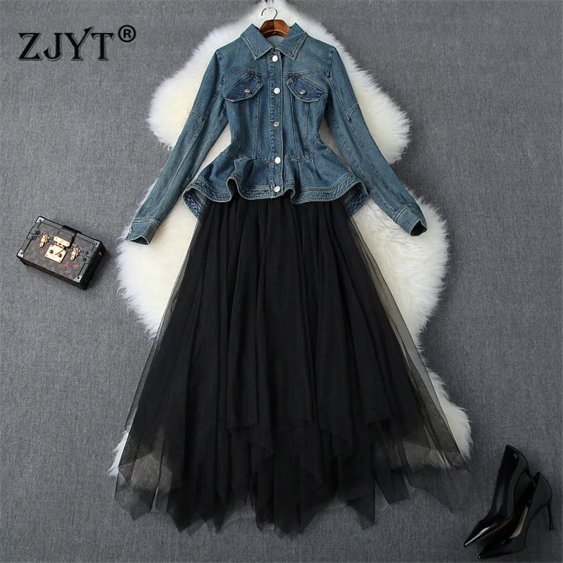 

Top Quality Runway Designer Two Pieces Skirts Set Women 2019 Autumn Fashion Peplum Denim Jacket and Long Skirt Suit Sets Twinset
