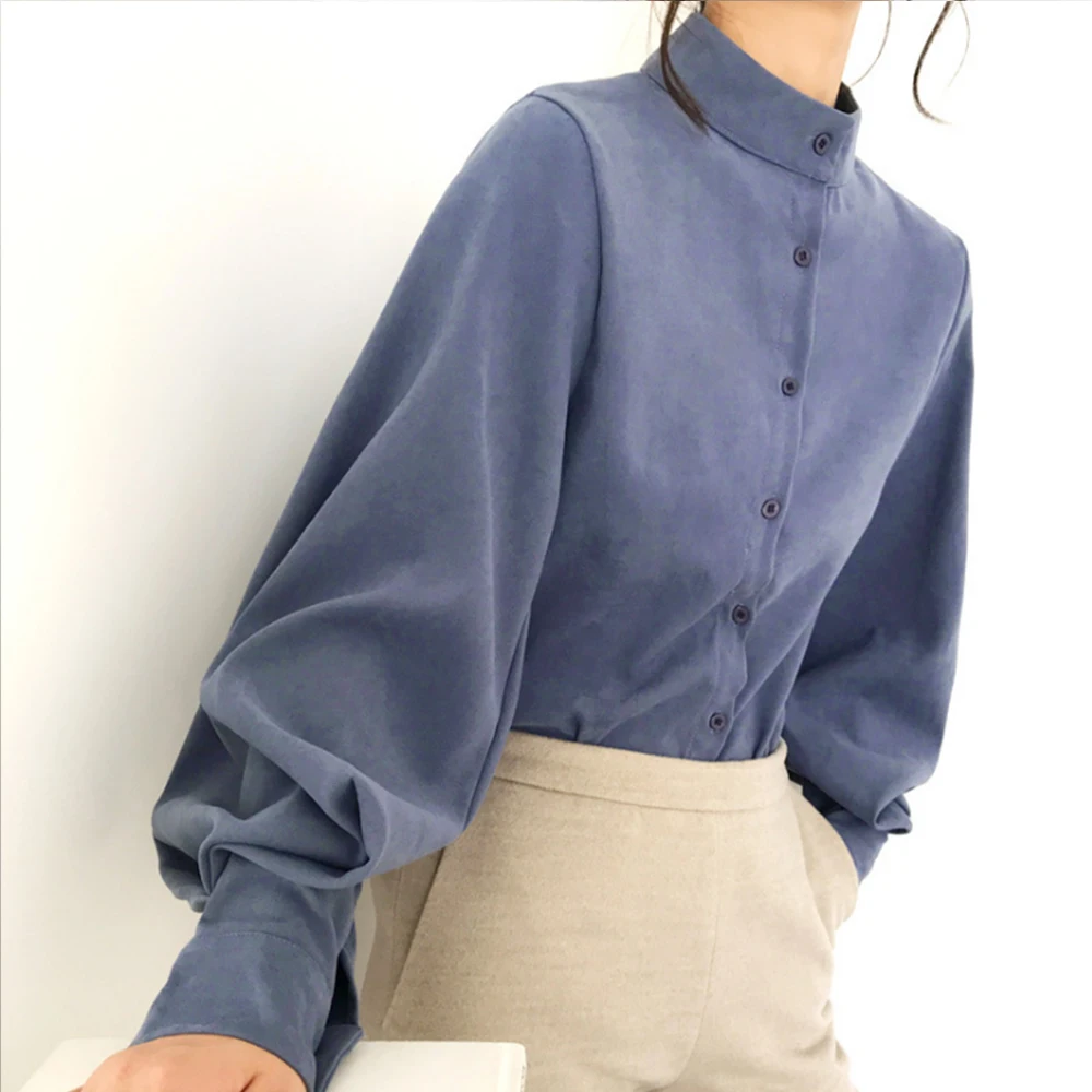 

Autumn Solid Botton Shirt Women Elegant Lantern Sleeve Blouse Office Lady Casual Stand Collar Long Sleeve Top Blouses Woman 2019