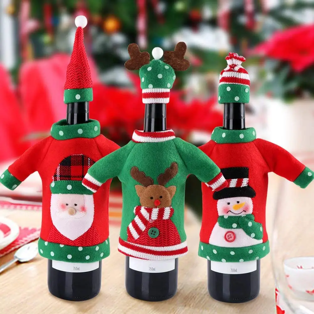IALJ Top 3pcs Ugly Christmas Sweater Wine Bottle Cover, Handmade Wine Bottle Sweater for Christmas Decorations Ugly Christmas Sw