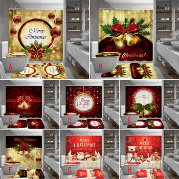 

Reindeer Snowflake Toilet Cover Mat Non Slip Rug Set Merry Christmas Shower Curtain Snowman Bell Bathroom Suit Santa Claus