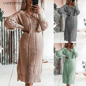 

Lugentolo Sweater Women Autumn and Winter New Solid Color Sexy Hollow V-neck Long Sleeve Pullovers Casual 3 Color