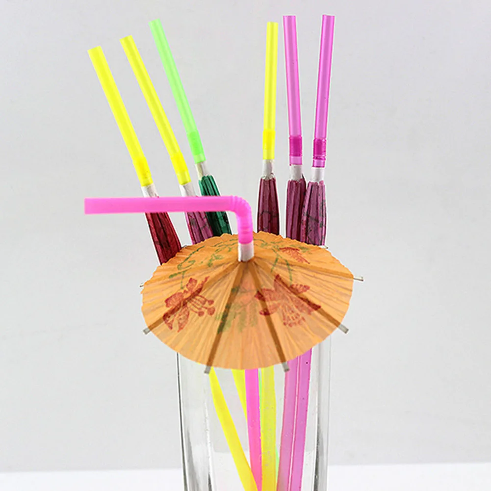 50PCS Drink Decor Cocktail Party Supplies Drinking Straws Bar Umbrella Fruit Juice Disposable Cute Home Kitchen PP Bent Wedding