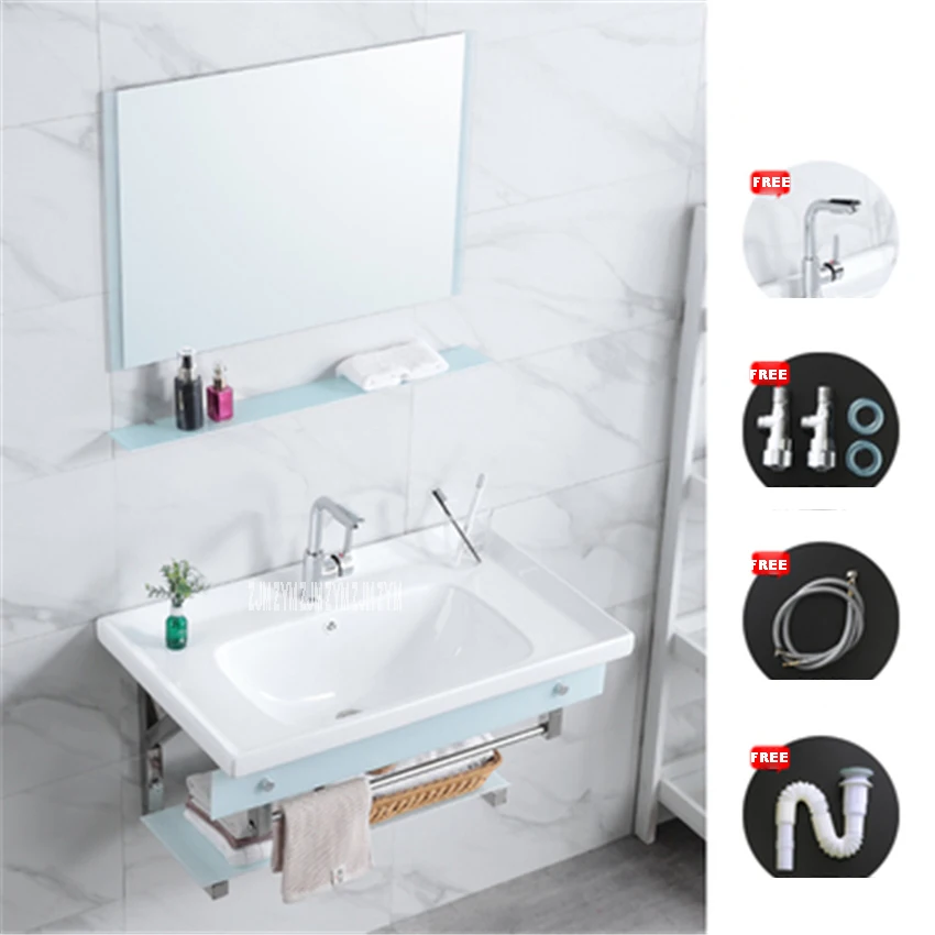 7589 настенный керамический умывальник для ванной комнаты из закаленного стекла, Настенные раковины, шкаф, Керамическая умывальник с зеркалом - Цвет: 80x48cm jade white