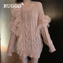 RUGOD, женский свитер, пуловеры, с круглым вырезом, с кружевами, в стиле пэчворк, вязанный, новинка, осень, одноцветные, милые топы, Модный женский свитер