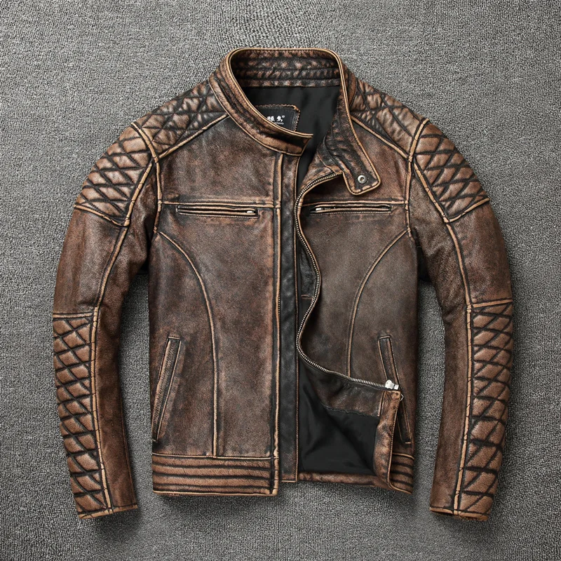 cowhide leather jacket mens Free shipping.Heavy vintage brown genuine leather jacket.mens slim motor biker cowhide coat.quality plus size leather clothes. real sheepskin coat Genuine Leather