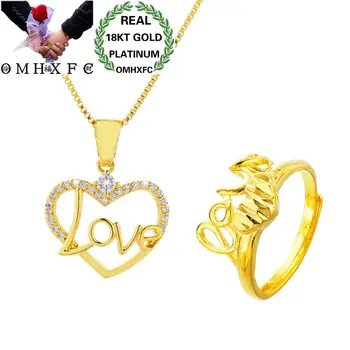 

OMHXFC Wholesale European Fashion Woman Party Birthday Wedding Gift Heart LOVE Zircon 18KT Gold Necklace+Ring Jewelry Set SS04